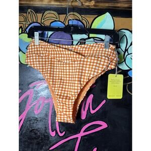 Kitty And Vibe Gingham Checkered Crossover Bikini Bottoms, L1, Large, Orange